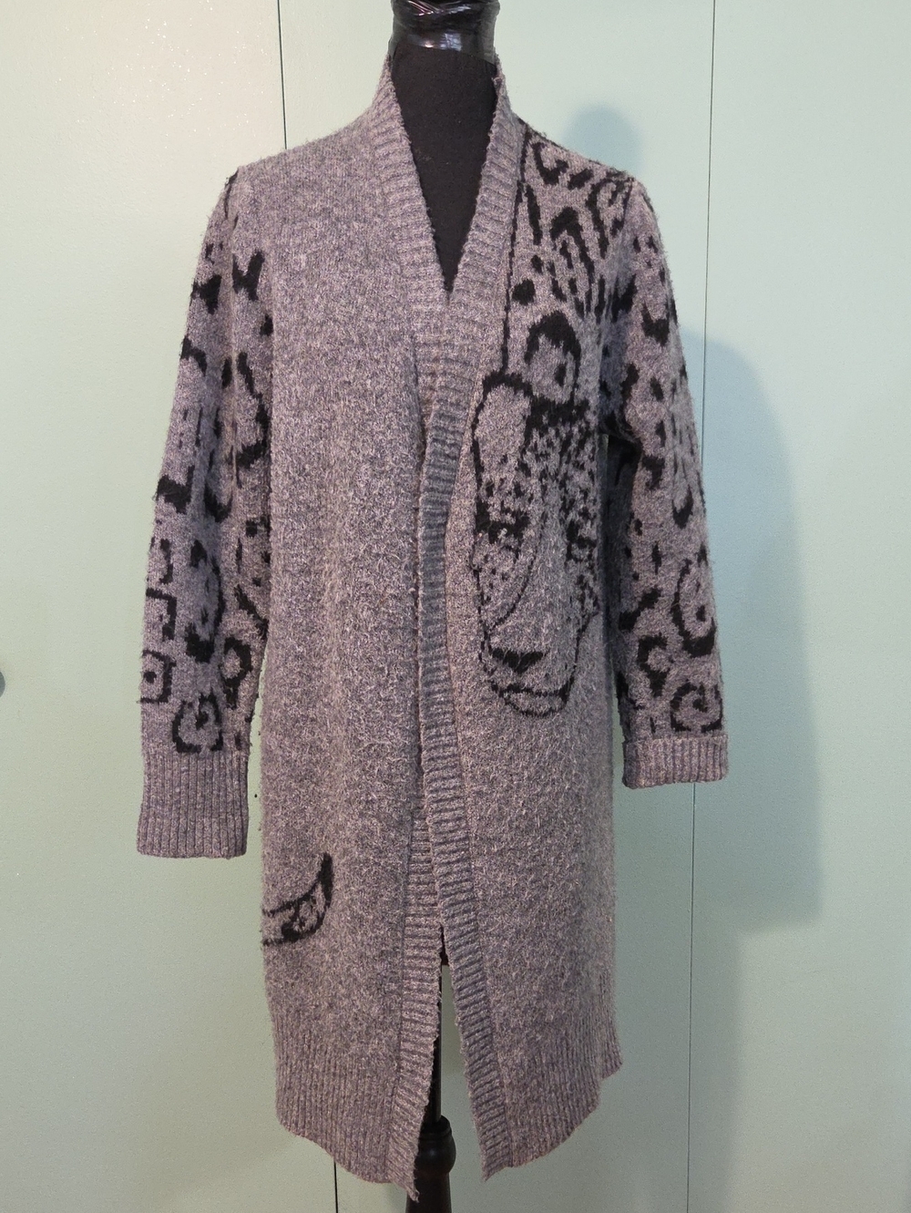 Anthropologie Gray Long Open-Front Leopard-Print Women's Cardigan Sweater Size M